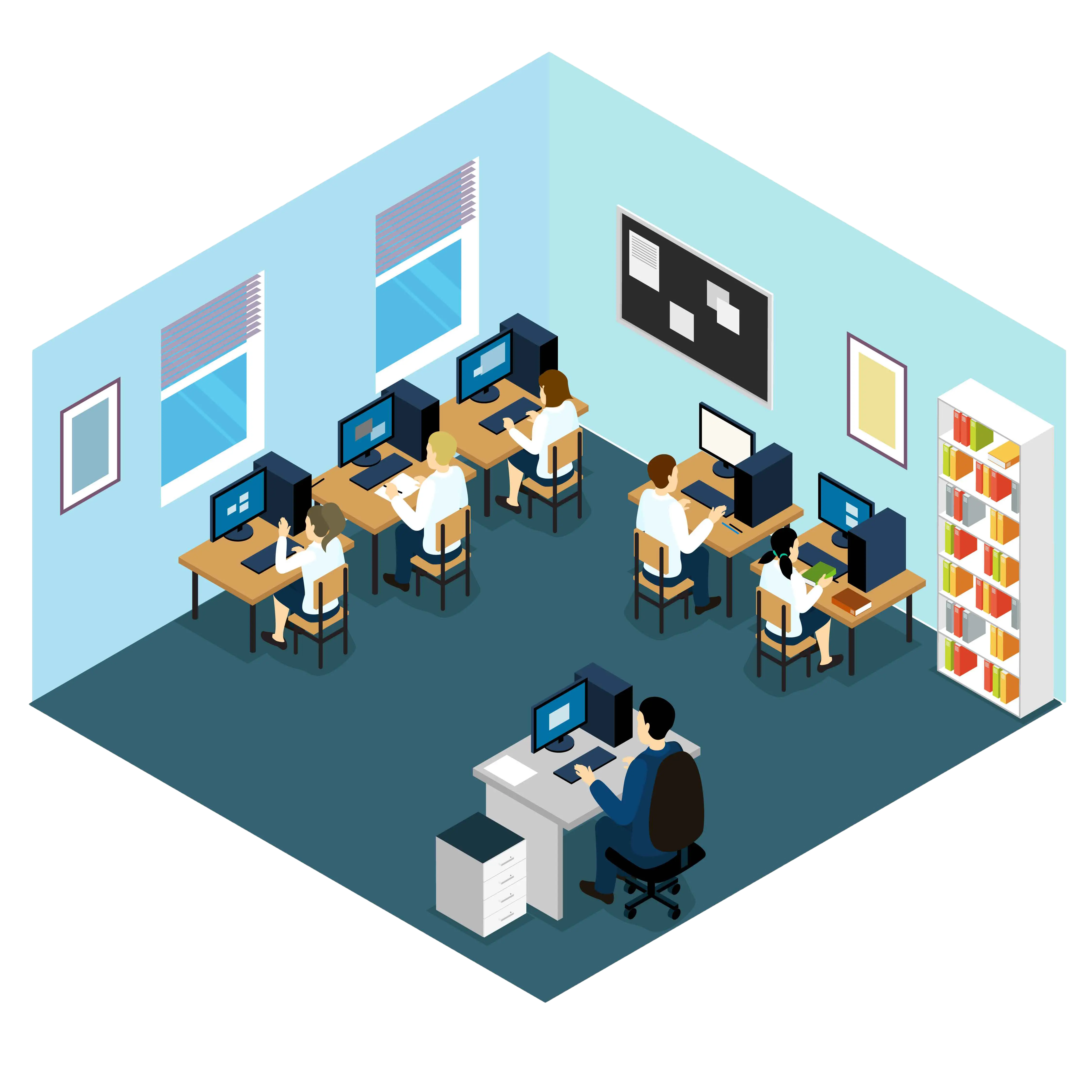 School and college computer lab setup with desktop computers and networking